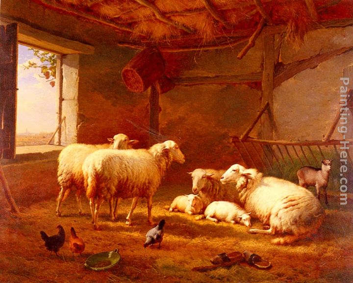 Sheep With Chickens And A Goat In A Barn painting - Eugene Verboeckhoven Sheep With Chickens And A Goat In A Barn art painting